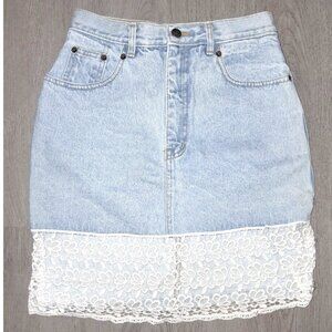 Vintage Retro White Lace Trim Distressed Denim Jean Pencil Skirt Size 9/10